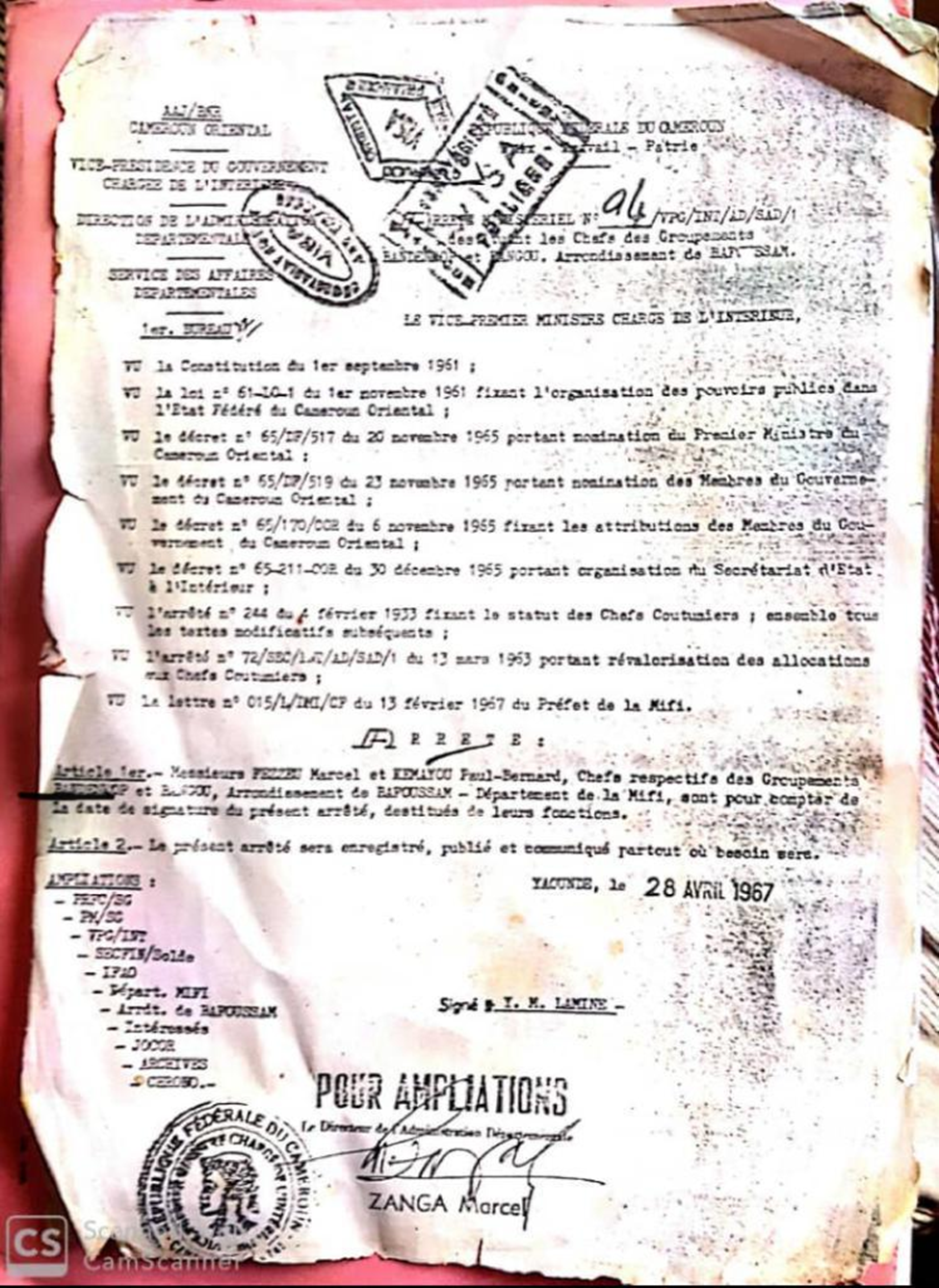 Décret de destitution du roi KEMAYOU Paul Bernard