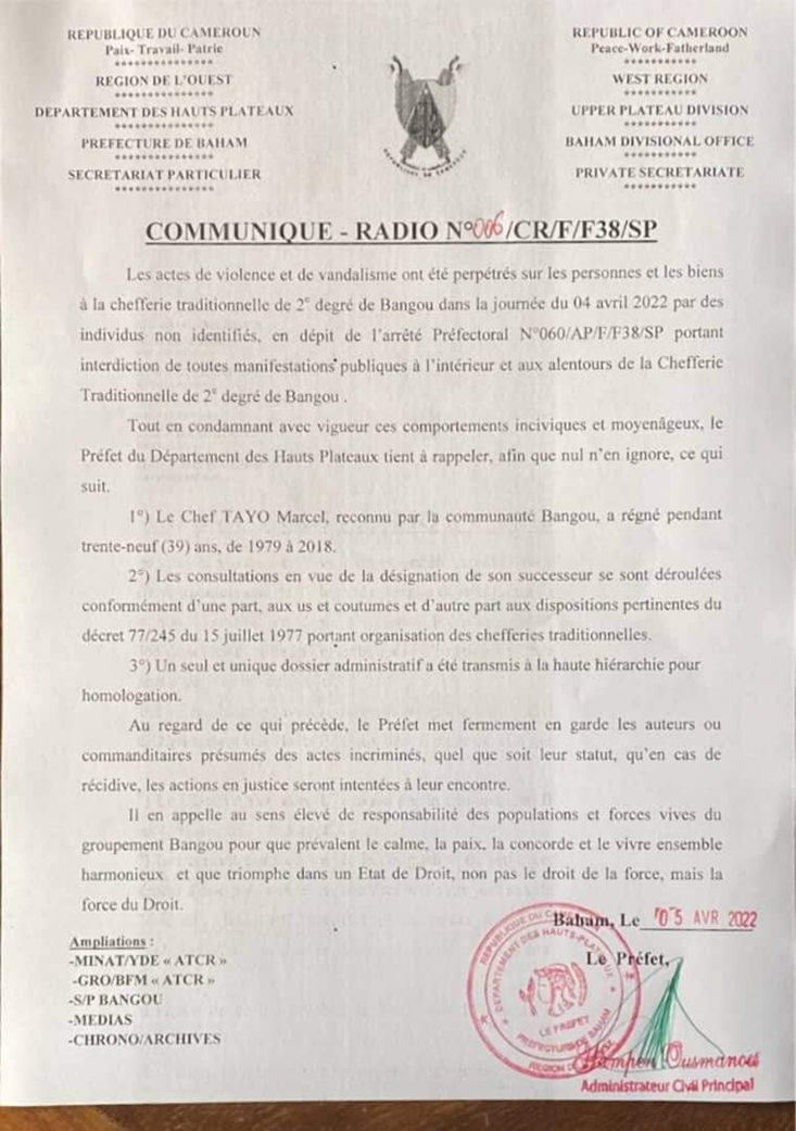 Communiqué du Préfet des Hauts-Plateaux