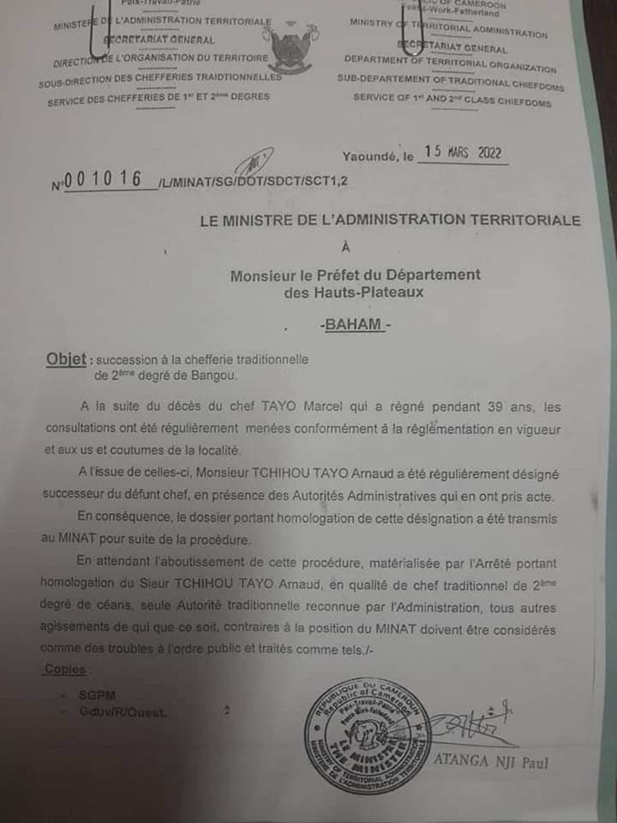 Courrier du MINAT au Préfet